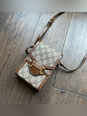 Gucci GG Supreme Brown Leather Trim Mini Horsebit 1955 Crossbody Bag
